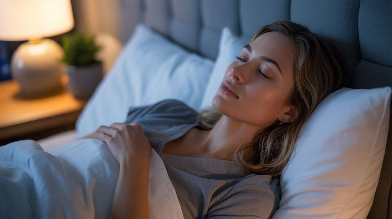 A tranquil photo of a person resting comfortably in bed, illuminated by soft lamp light, suggesting the benefits of methods like guided sleep stories for relaxation.