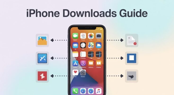 A vibrant infographic titled "iPhone Downloads Guide," showcasing a smartphone with its home screen. Around it, various icons and dotted lines illustrate the different types of files that can be downloaded and where they might be accessed on an iPhone. This directly addresses "How to Access Downloads on iPhone."