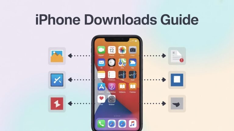 A vibrant infographic titled "iPhone Downloads Guide," showcasing a smartphone with its home screen. Around it, various icons and dotted lines illustrate the different types of files that can be downloaded and where they might be accessed on an iPhone. This directly addresses "How to Access Downloads on iPhone."