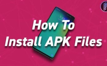 How to open APK file — guide showing a smartphone and text explaining how to install APK files on Android.