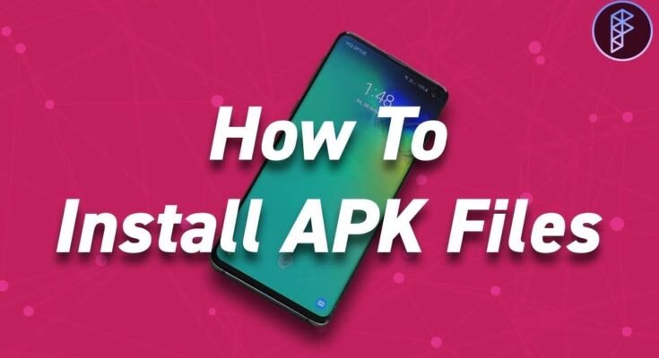 How to open APK file — guide showing a smartphone and text explaining how to install APK files on Android.