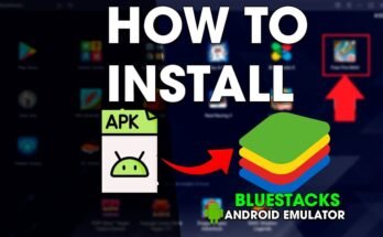 Can I Download APKs on BlueStacks featuring an APK file icon pointing with a red arrow toward the BlueStacks emulator logo, overlaid on a dark interface of installed mobile games.