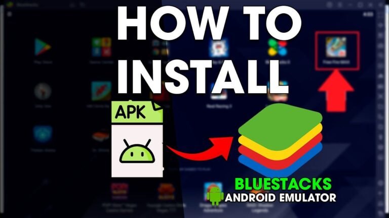 Can I Download APKs on BlueStacks featuring an APK file icon pointing with a red arrow toward the BlueStacks emulator logo, overlaid on a dark interface of installed mobile games.