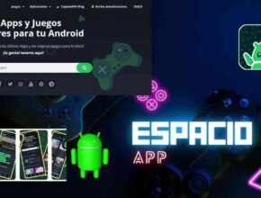 A promotional graphic for Espacio APK featuring a green Android mascot, several smartphone screen mockups showing the app's interface, and a 'Popular Apps and Games' search banner in Spanish."