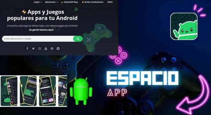 A promotional graphic for Espacio APK featuring a green Android mascot, several smartphone screen mockups showing the app's interface, and a 'Popular Apps and Games' search banner in Spanish."