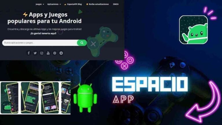A promotional graphic for Espacio APK featuring a green Android mascot, several smartphone screen mockups showing the app's interface, and a 'Popular Apps and Games' search banner in Spanish."