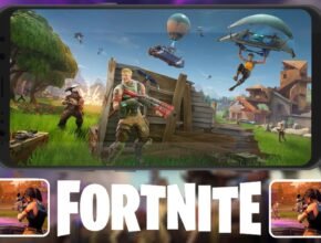 A mobile smartphone displaying gameplay from the [Fortnite APK] with various characters and structures on a grassy field.