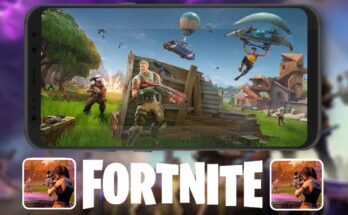 A mobile smartphone displaying gameplay from the [Fortnite APK] with various characters and structures on a grassy field.