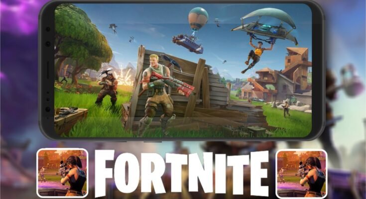 A mobile smartphone displaying gameplay from the [Fortnite APK] with various characters and structures on a grassy field.