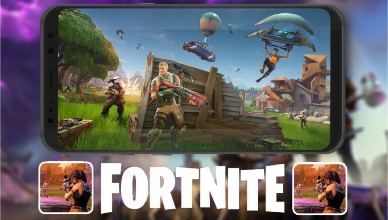 A mobile smartphone displaying gameplay from the [Fortnite APK] with various characters and structures on a grassy field.