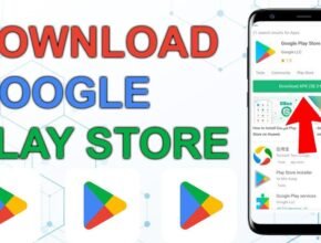 A tutorial graphic showing a smartphone screen with a search result for Google Play Store APK, featuring a red arrow pointing to a green download button and the text 'DOWNLOAD GOOGLE PLAY STORE' in large, bold letters.