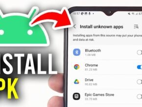 "A hand holding an Android smartphone showing the 'Install unknown apps' settings menu, with a graphic overlay explaining how do I open an APK on my cell phone by enabling permissions for Chrome."