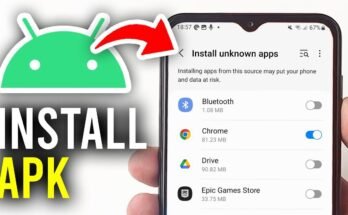 "A hand holding an Android smartphone showing the 'Install unknown apps' settings menu, with a graphic overlay explaining how do I open an APK on my cell phone by enabling permissions for Chrome."