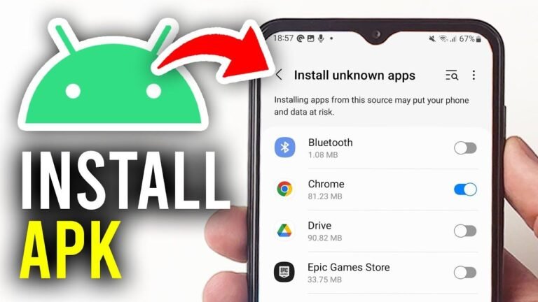 "A hand holding an Android smartphone showing the 'Install unknown apps' settings menu, with a graphic overlay explaining how do I open an APK on my cell phone by enabling permissions for Chrome."