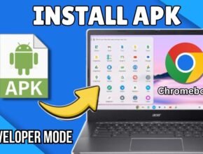 "Tutorial graphic showing an Android APK icon and a Chromebook with the Chrome OS logo, demonstrating how to download APK files on Chromebook without Linux or developer mode."