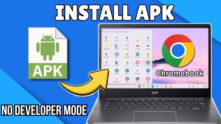 "Tutorial graphic showing an Android APK icon and a Chromebook with the Chrome OS logo, demonstrating how to download APK files on Chromebook without Linux or developer mode."
