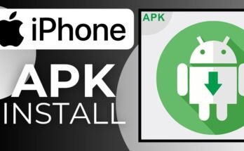 "A split-screen graphic showing the Apple logo with the text 'iPhone' next to a green Android robot icon, titled How to Download APK on iPhone to explain cross-platform app installation."