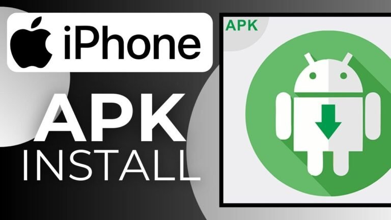 "A split-screen graphic showing the Apple logo with the text 'iPhone' next to a green Android robot icon, titled How to Download APK on iPhone to explain cross-platform app installation."