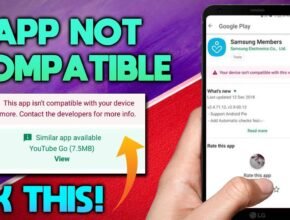 A person holding a smartphone showing a Google Play Store error message, with graphic text explaining how to fix app not compatible with this device using a suggested alternative app download.