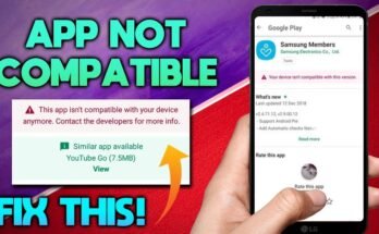 A person holding a smartphone showing a Google Play Store error message, with graphic text explaining how to fix app not compatible with this device using a suggested alternative app download.