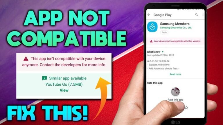 A person holding a smartphone showing a Google Play Store error message, with graphic text explaining how to fix app not compatible with this device using a suggested alternative app download.