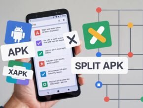 A hand holding a smartphone surrounded by floating icons for APK and XAPK files, illustrating a guide on [How to Fix Split APK Installation ].