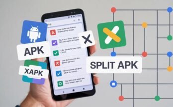 A hand holding a smartphone surrounded by floating icons for APK and XAPK files, illustrating a guide on [How to Fix Split APK Installation ].