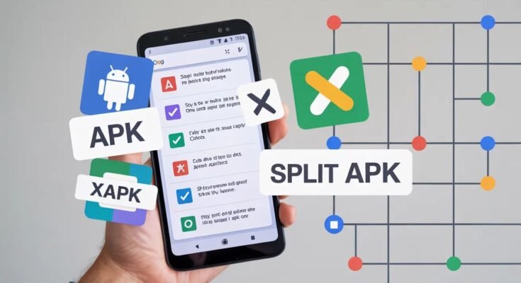 A hand holding a smartphone surrounded by floating icons for APK and XAPK files, illustrating a guide on [How to Fix Split APK Installation ].