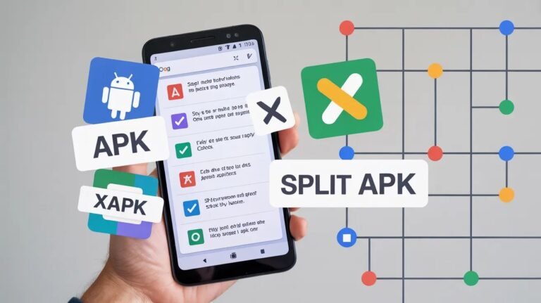A hand holding a smartphone surrounded by floating icons for APK and XAPK files, illustrating a guide on [How to Fix Split APK Installation ].