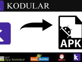 "A tutorial graphic showing a purple 'K' logo pointing via a black arrow to an Android APK file icon, illustrating how to import .APK into Kodular alongside logos for MIT App Inventor and Thunkable."