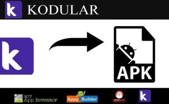 "A tutorial graphic showing a purple 'K' logo pointing via a black arrow to an Android APK file icon, illustrating how to import .APK into Kodular alongside logos for MIT App Inventor and Thunkable."