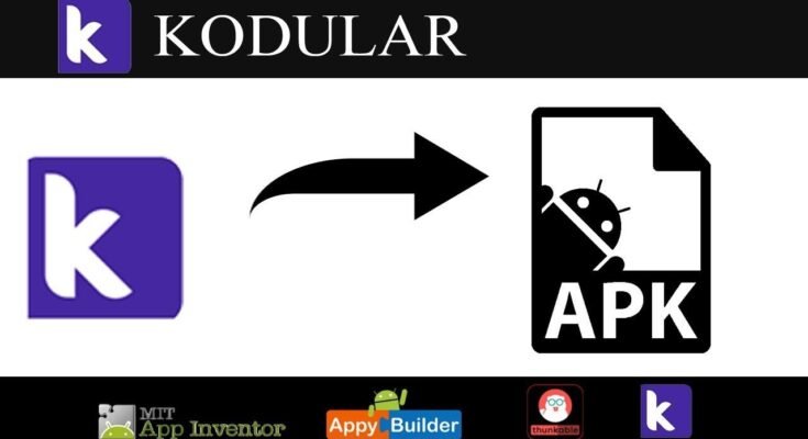 "A tutorial graphic showing a purple 'K' logo pointing via a black arrow to an Android APK file icon, illustrating how to import .APK into Kodular alongside logos for MIT App Inventor and Thunkable."