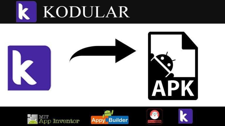 "A tutorial graphic showing a purple 'K' logo pointing via a black arrow to an Android APK file icon, illustrating how to import .APK into Kodular alongside logos for MIT App Inventor and Thunkable."