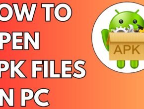 A graphic with an orange background and the text "HOW TO OPEN APK FILES ON PC," alongside an Android robot icon holding tools, providing a visual guide on [How to Open APK Files on PC].