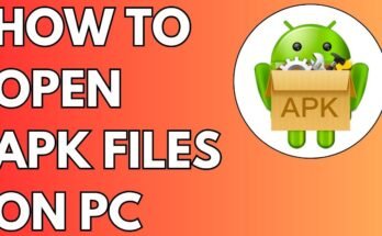 A graphic with an orange background and the text "HOW TO OPEN APK FILES ON PC," alongside an Android robot icon holding tools, providing a visual guide on [How to Open APK Files on PC].