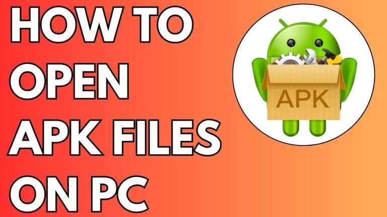 A graphic with an orange background and the text "HOW TO OPEN APK FILES ON PC," alongside an Android robot icon holding tools, providing a visual guide on [How to Open APK Files on PC].