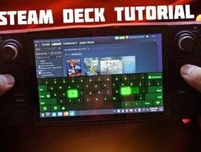"A person holding a handheld gaming console with a virtual keyboard active on the screen, titled 'Steam Deck Tutorial' to show how to use APKs on Steam Deck."
