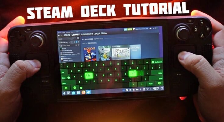 "A person holding a handheld gaming console with a virtual keyboard active on the screen, titled 'Steam Deck Tutorial' to show how to use APKs on Steam Deck."