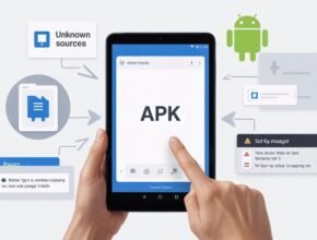 An illustrative graphic with arrows showing the step-by-step process of how to safely [Install APK on Tablet Android ] from external sources.
