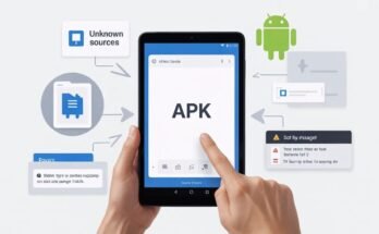 An illustrative graphic with arrows showing the step-by-step process of how to safely [Install APK on Tablet Android ] from external sources.