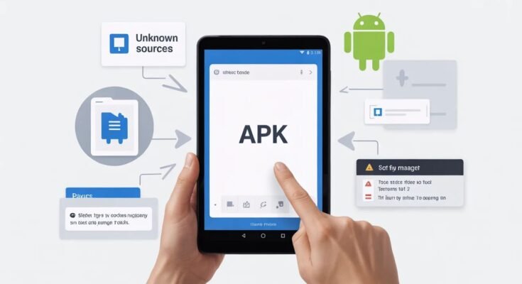 An illustrative graphic with arrows showing the step-by-step process of how to safely [Install APK on Tablet Android ] from external sources.