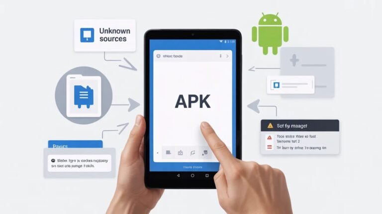 An illustrative graphic with arrows showing the step-by-step process of how to safely [Install APK on Tablet Android ] from external sources.