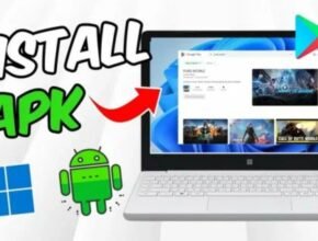 A graphic illustrating how to [Install APK without Play Store ] featuring a Windows laptop and Android icons.