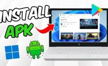 A graphic illustrating how to [Install APK without Play Store ] featuring a Windows laptop and Android icons.