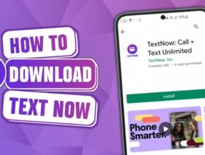 "A tutorial graphic titled 'How to Download Text Now,' featuring an Android smartphone displaying the TextNow APK installation page on the Google Play Store against a purple geometric background."