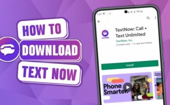 "A tutorial graphic titled 'How to Download Text Now,' featuring an Android smartphone displaying the TextNow APK installation page on the Google Play Store against a purple geometric background."