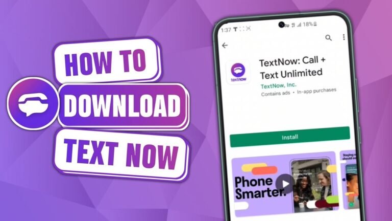 "A tutorial graphic titled 'How to Download Text Now,' featuring an Android smartphone displaying the TextNow APK installation page on the Google Play Store against a purple geometric background."