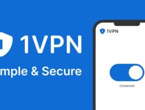 A promotional graphic for 1VPN featuring a smartphone with a "Connected" status toggle, highlighting the features of the [VPN APK].