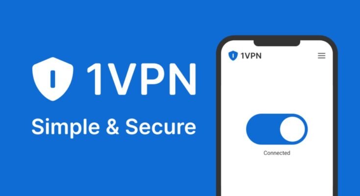 A promotional graphic for 1VPN featuring a smartphone with a "Connected" status toggle, highlighting the features of the [VPN APK].