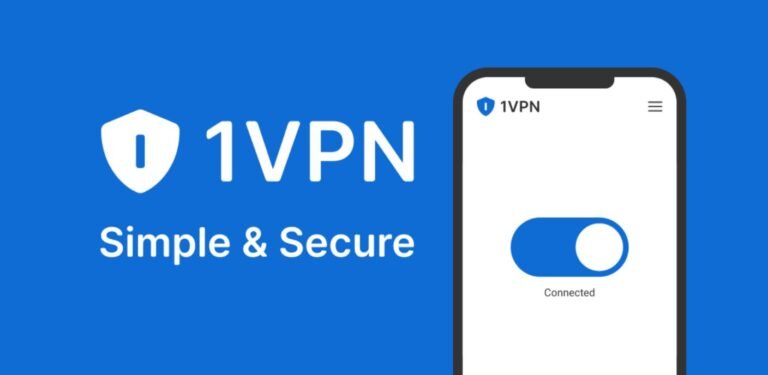 A promotional graphic for 1VPN featuring a smartphone with a "Connected" status toggle, highlighting the features of the [VPN APK].